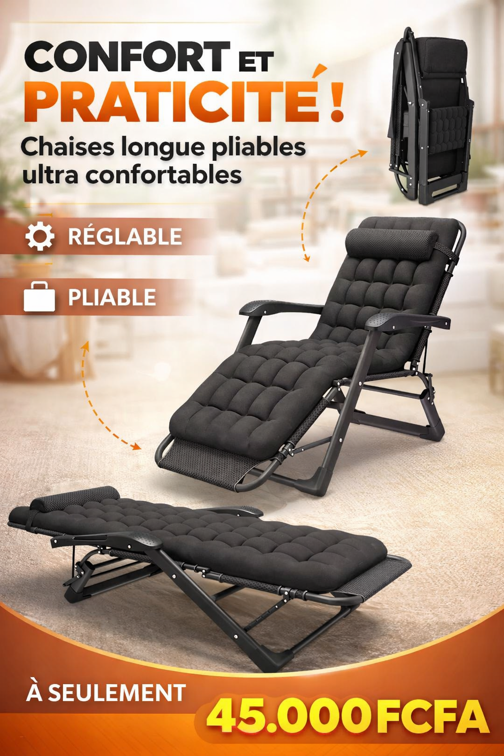 🛋️ CHAISE LONGUE PLIABLE ULTRA CONFORTABLE